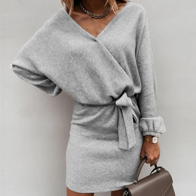 

Fashion Casual Solid Color Long Sleeve Mini Dress Elegant V Neck Lace-up Party Dress Winter Commute A-Line Warm Knitted Pullover