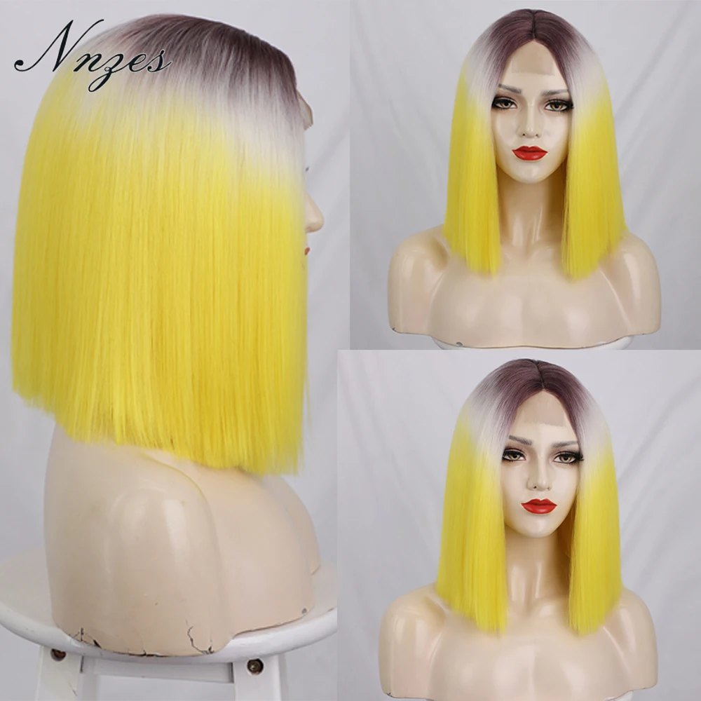 

NNZES Short Bob Synthetic Wig for Black White Women Ombre Blonde Yellow Straight Hair Wigs for Cosplay Use Heat Resistant Hair
