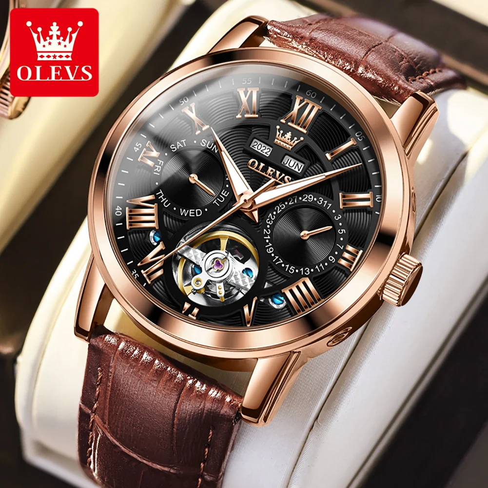 

OLEVS automatic mechanical watch Multi-functional waterproof belt watch for men