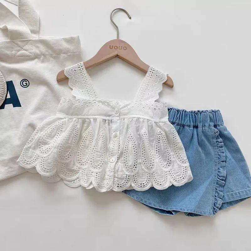 

Girls Outfit Sets Summer Kids Clothes Girls Lace Edge Pure White Baby Girl Casual White Suspender+Denim 2PCS Skirt Children's