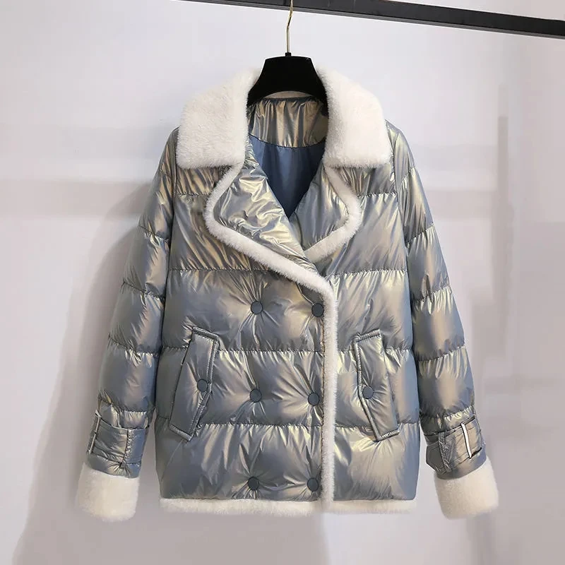 2023 Thick Warm Coat Women Winter Clothing Fur Collar Patchwork Down Jacket Cotton Padded Jackets Female Elegant Short Parkas