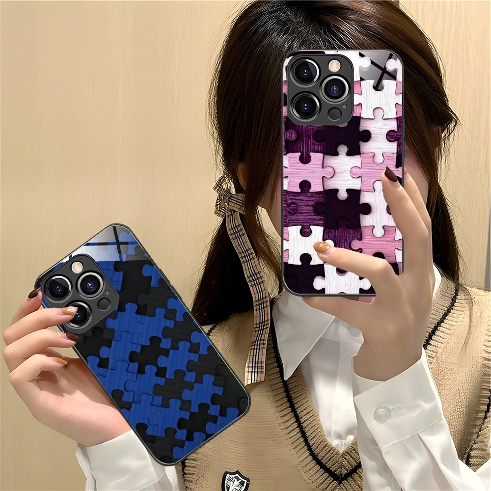 Puzzle Fashion Pretty Mobile Cell Phone Case for iPhone 16 15 14 13 12 11 X XR XS 8 Pro Max Plus Mini PC Glass Cover Shell