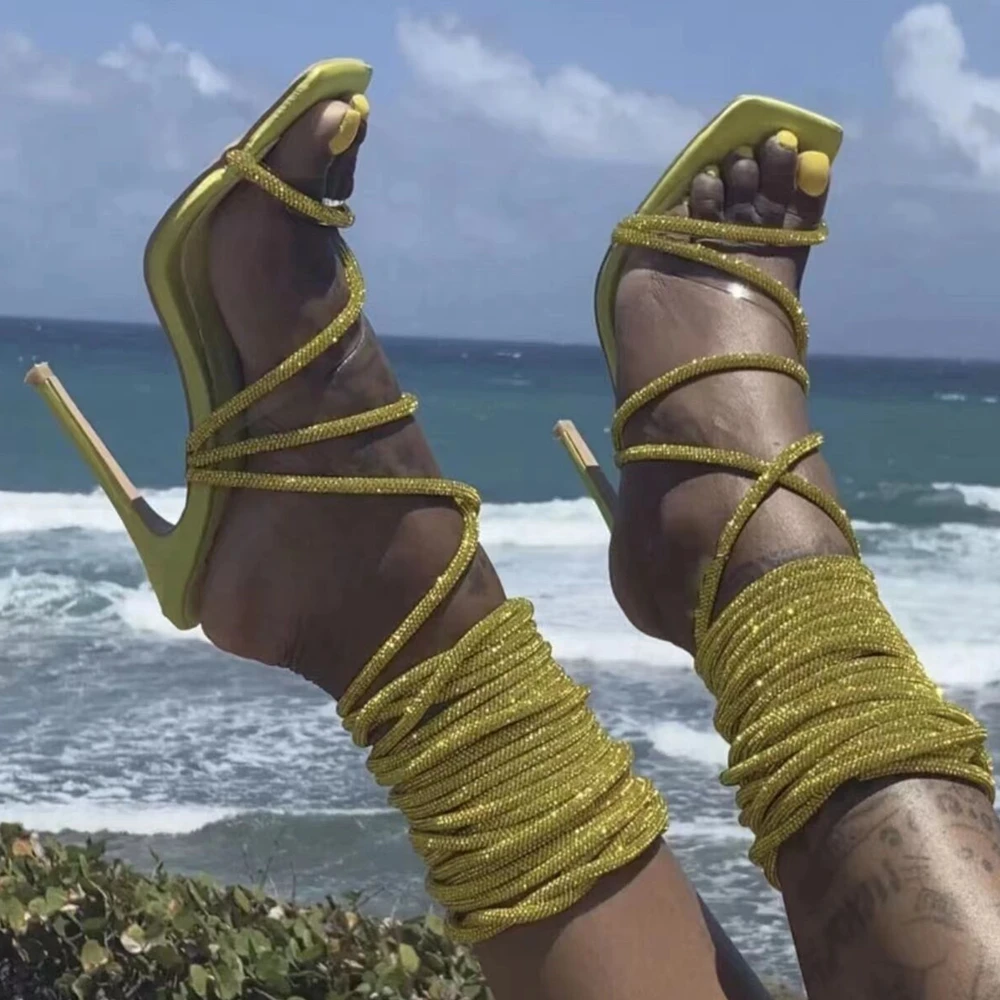 Women's Stiletto Square Toe Roman Shoes Ankle Rhinestone Cross Strap Slim Sexy Thin Heel Bling Solid Color Summer Sandals