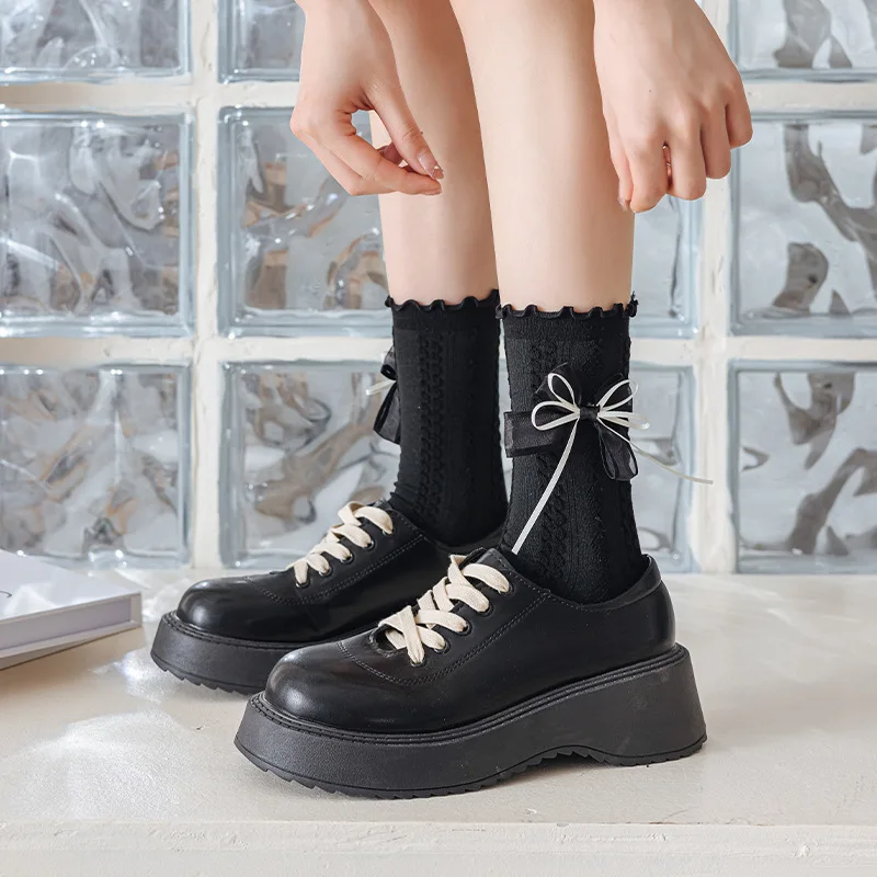 Lolita Bow knot Socks Women JK White Cotton Socks Female Sweet Long Socks Ankle Calcetines mujer Medias