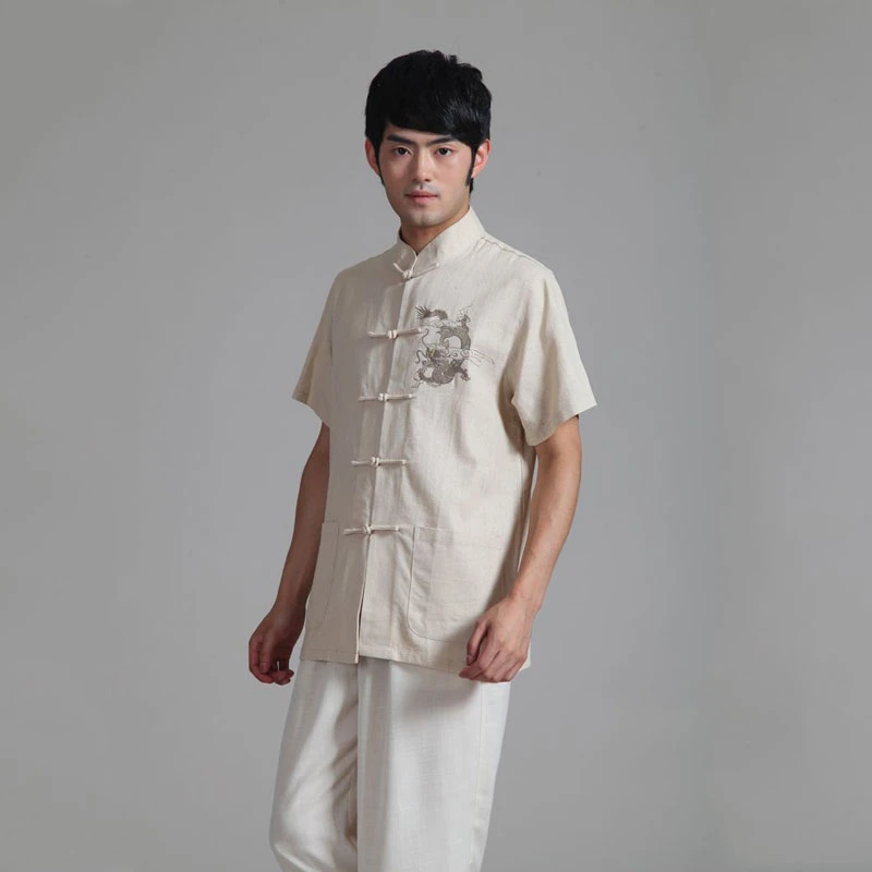 Рубашка с вышивкой дракона для мужчин костюм коротким рукавом Тан
