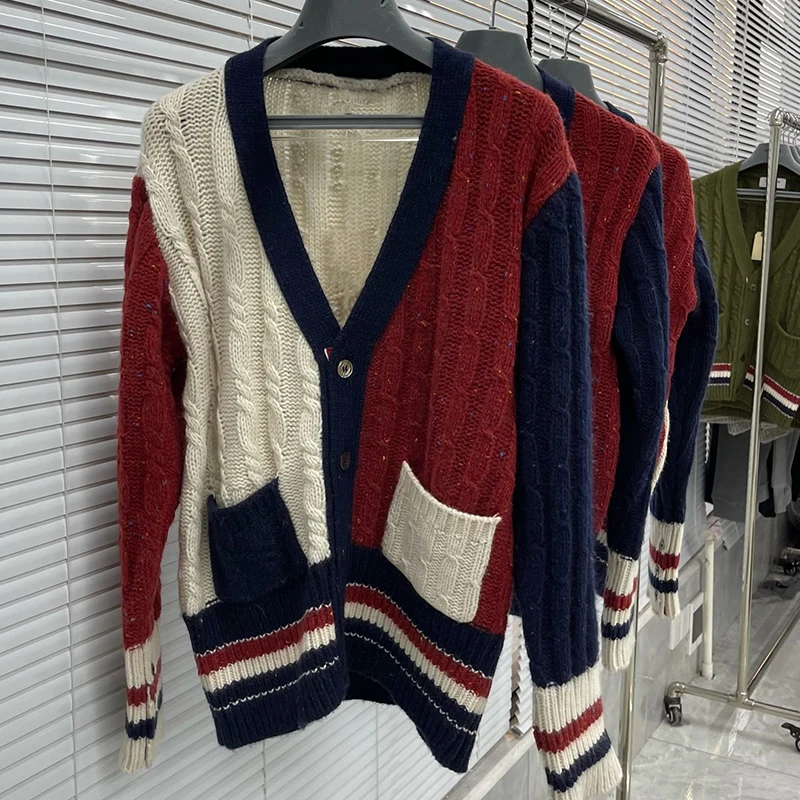 New TB Sweaters Fashion Brand RWB Design Solid Patchwork Men Sweater Cardigan Female Vintage Comfortable Knit Sweaters