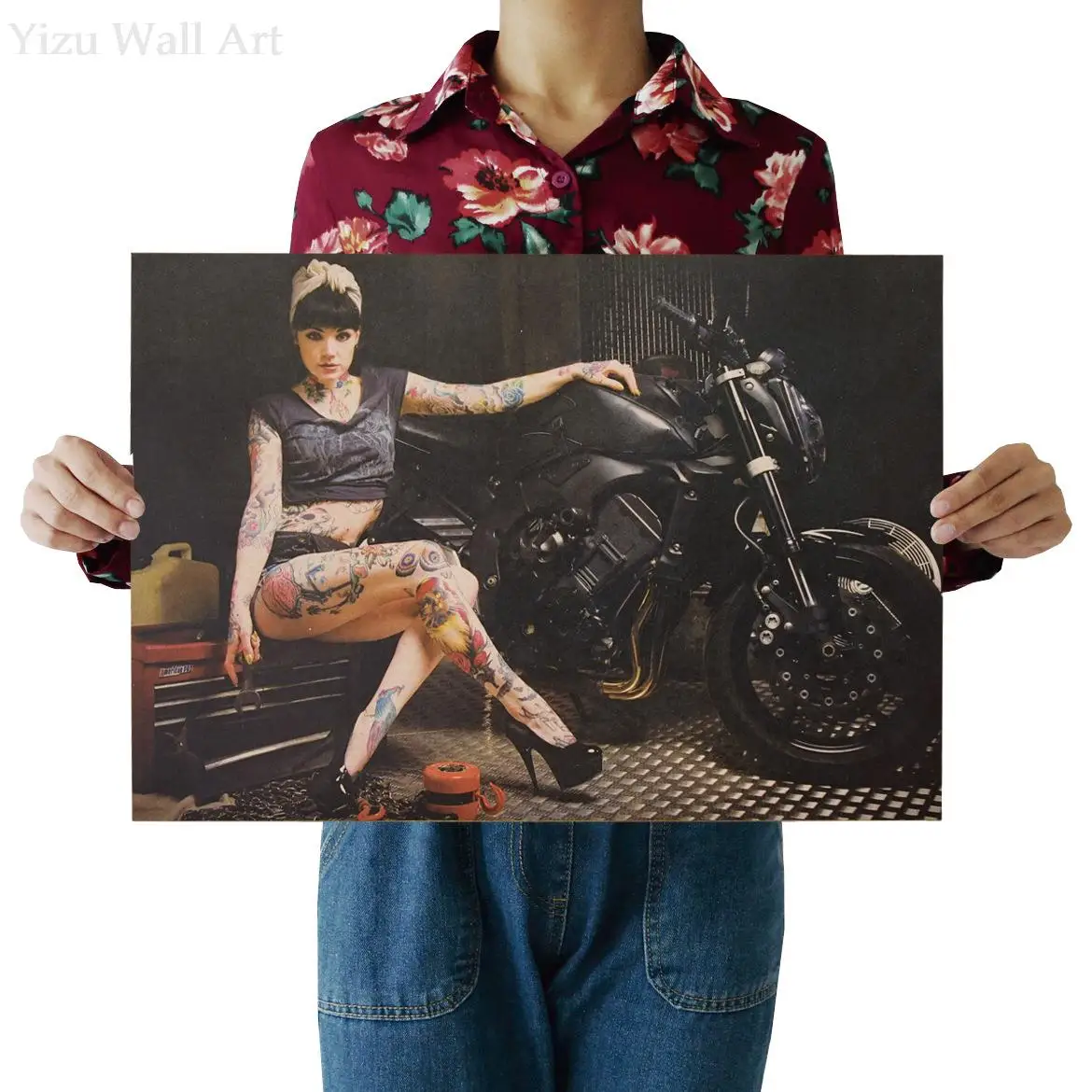 

Sexy Girl And Motorcycle Vintage Kraft Paper Poster Personalized Bar Cafe Wall Sticker Prints Cuadros Para Salon Home Decor