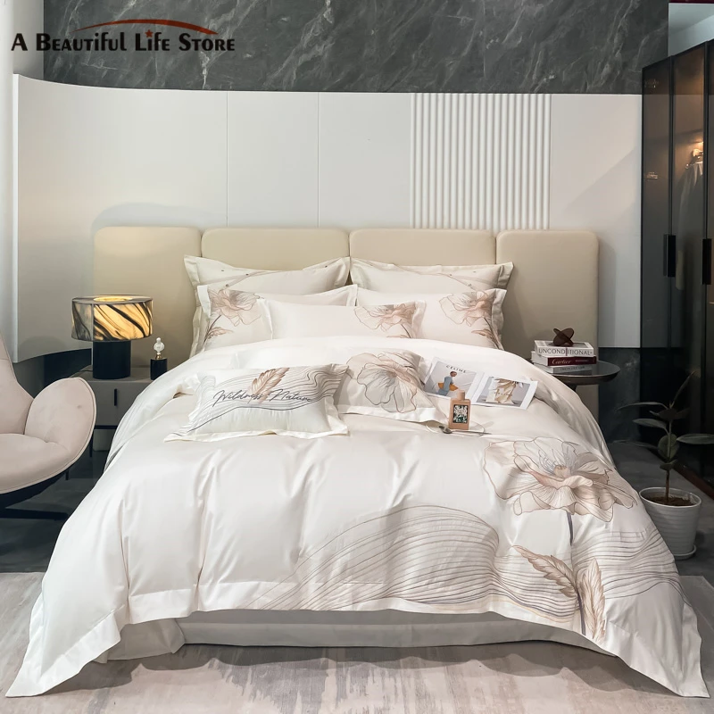 

Luxury Bedding Set 1000TC Egyptian Cotton Bloom Peony Flowers Embroidery Duvet Cover Set Bed Sheet Pillowcases 4Pcs For Home