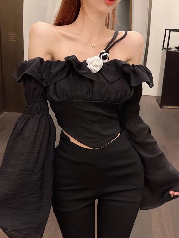 

Однотонная Элегантная блузка для женщин, корейский модный дизайнерский пикантный топ с открытыми плечами, Женская шикарная облегающая блу...