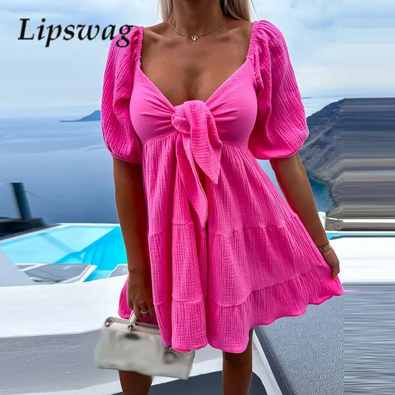 

Fashion Solid Solid Square Collar A-line Dress Women Elegant Short Sleeve Bow Tie Beach Dress Lady Vintage Beach Dress Vestido