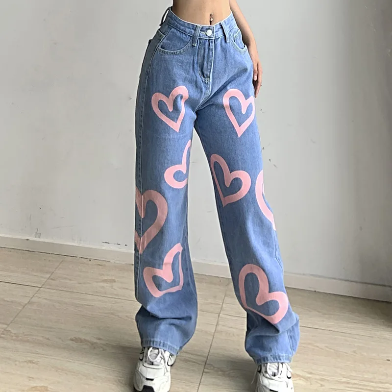 Brown Baggy Girl Jeans Women Heart Print New Aesthetic Vintage 90s Streetwear Denim Trousers Low Waist Straight Pants