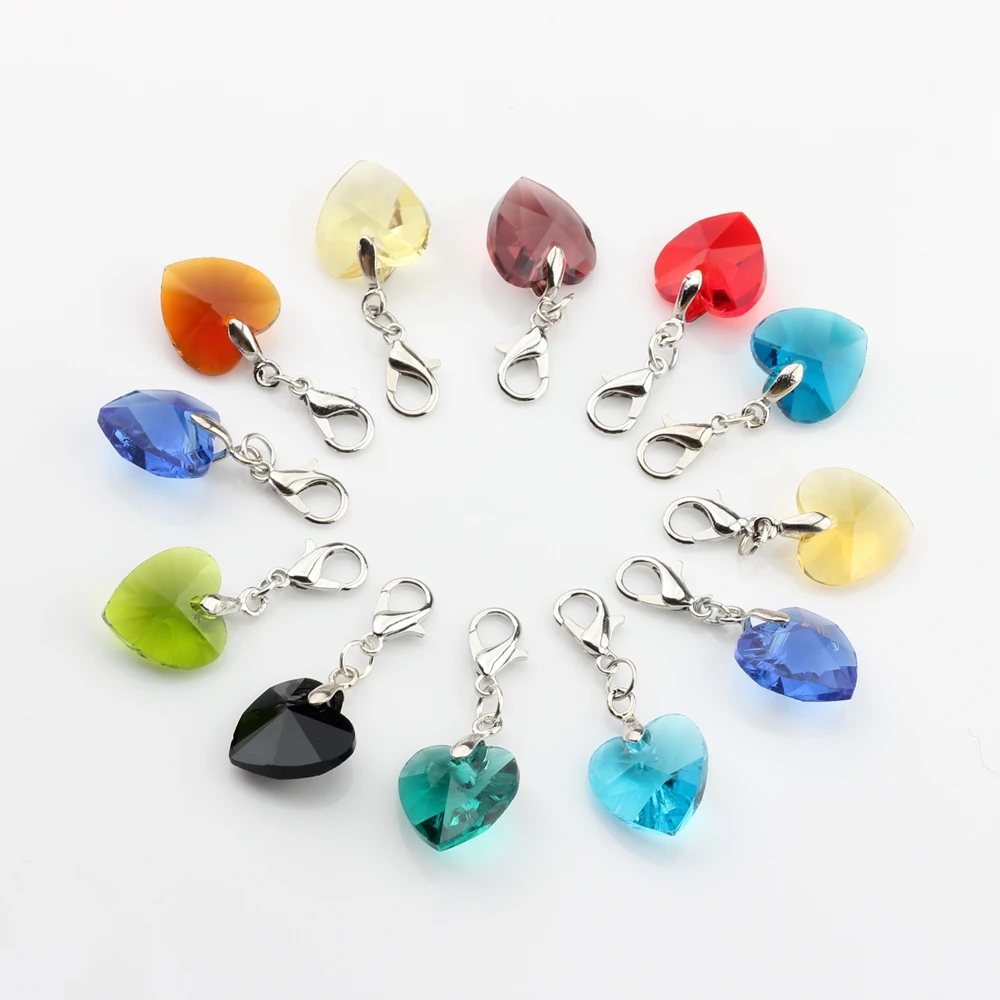 

12pcs/lot Colorful Heart Lobster Clasp Crystal Charms 14MM For Glass Living Memory Locket DIY Accessories
