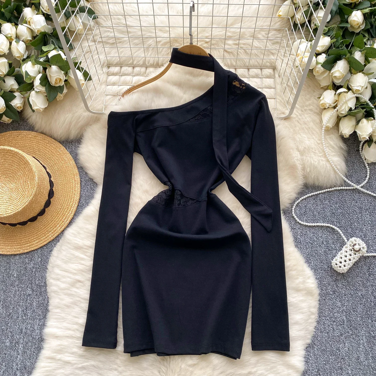 Сексуальное тонкое кружевное асимметричное платье-карандаш с открытыми плечами