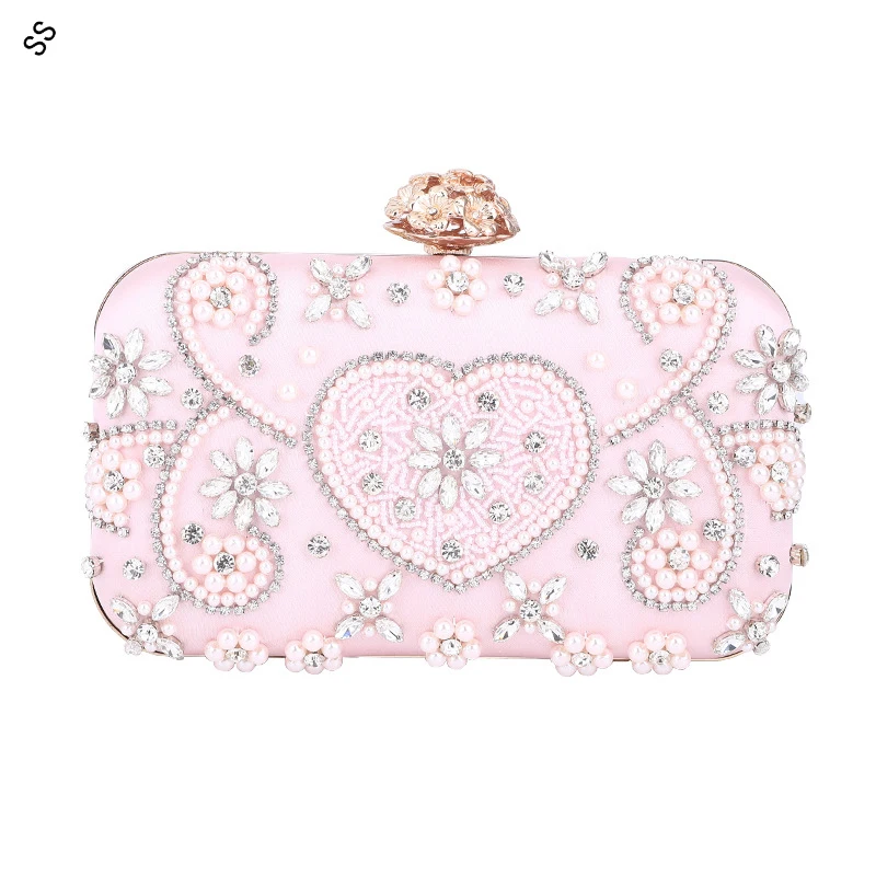 Handmade Pearls& Rhinestones Pink Make-up Ladies Hard Shell-clutch Bags Gold Flower Lock Handbag