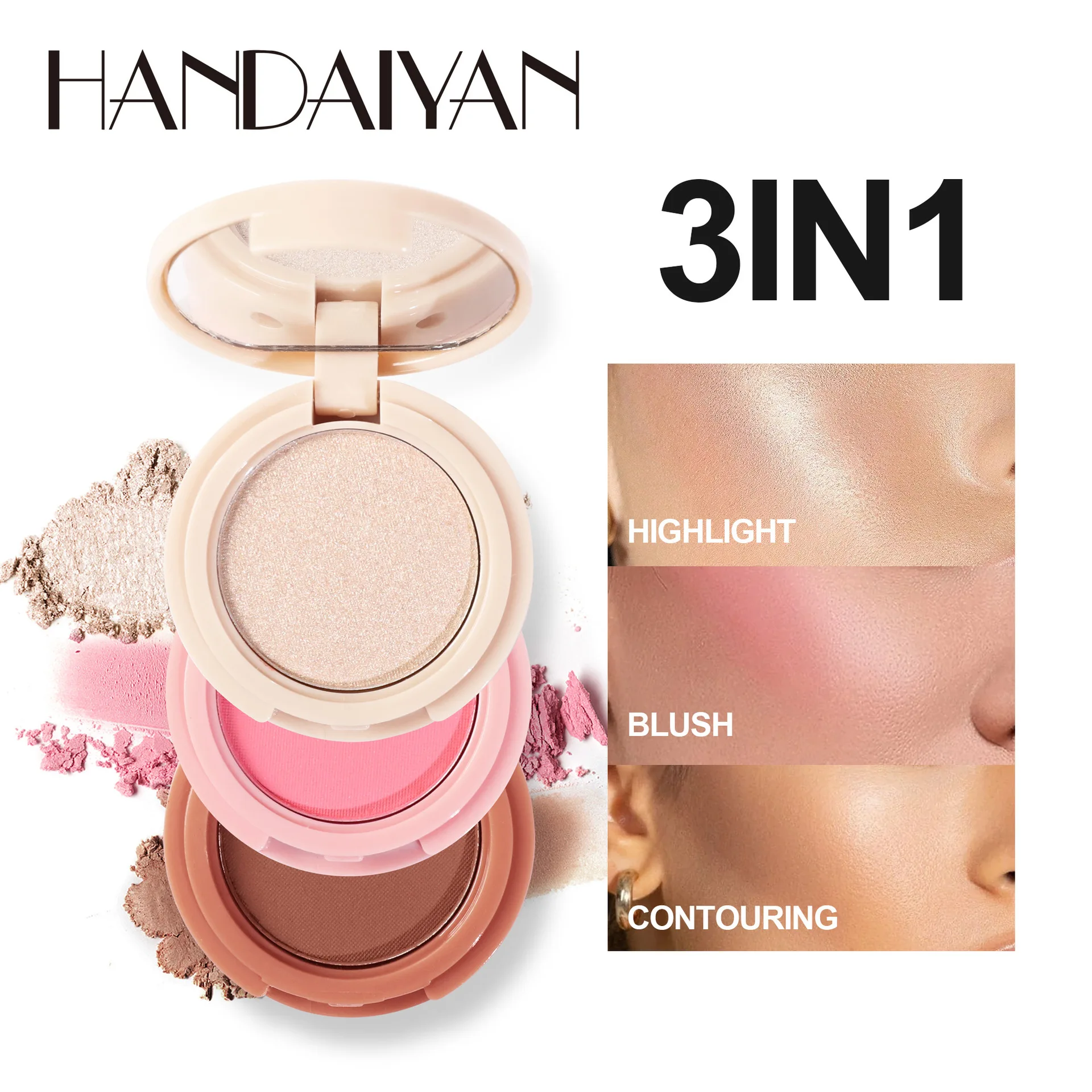 

3 In 1 Highlighter Powder Blush Palette Pearl Gloss Eyeshadow Makeup Glitter Peach Blush Bronzer Contour Shadow Board Cosmetics