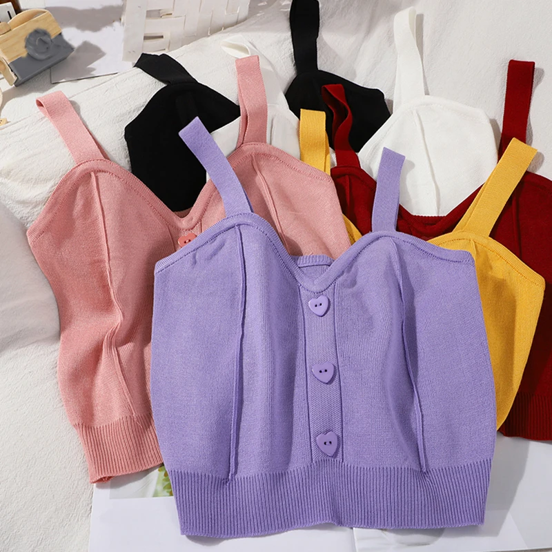 

2022New Knitted Female Crop Top V-Neck Fashion Casual Button Sleeveless Straps Sexy Vest Sweet Style Solid Tank Tops Women Camis