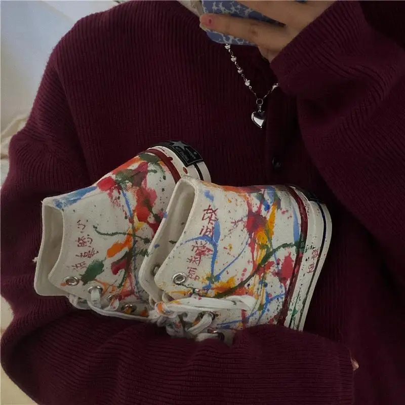 SHANPA Graffiti High-top Canvas Casual Shoes for Women Hand-painted Print New Platform Shoes Men Breathable Comfortable Footwear