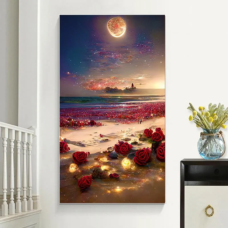 

Romantic Moon Rose Beach Landscape Canvas Painting Flower Wall Art Picture Living Room Bedroom Decorative Paintings No Frame