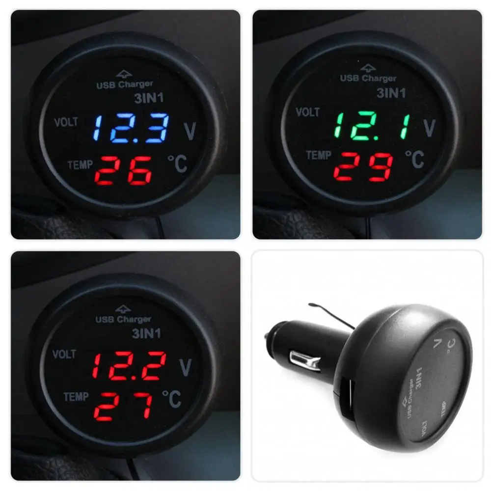 

New Car Cigarette Lighter Socket Car Digital Voltmeter Thermometer USB Car Charger 3 in 1 Meter LED Voltmeter Car accessories