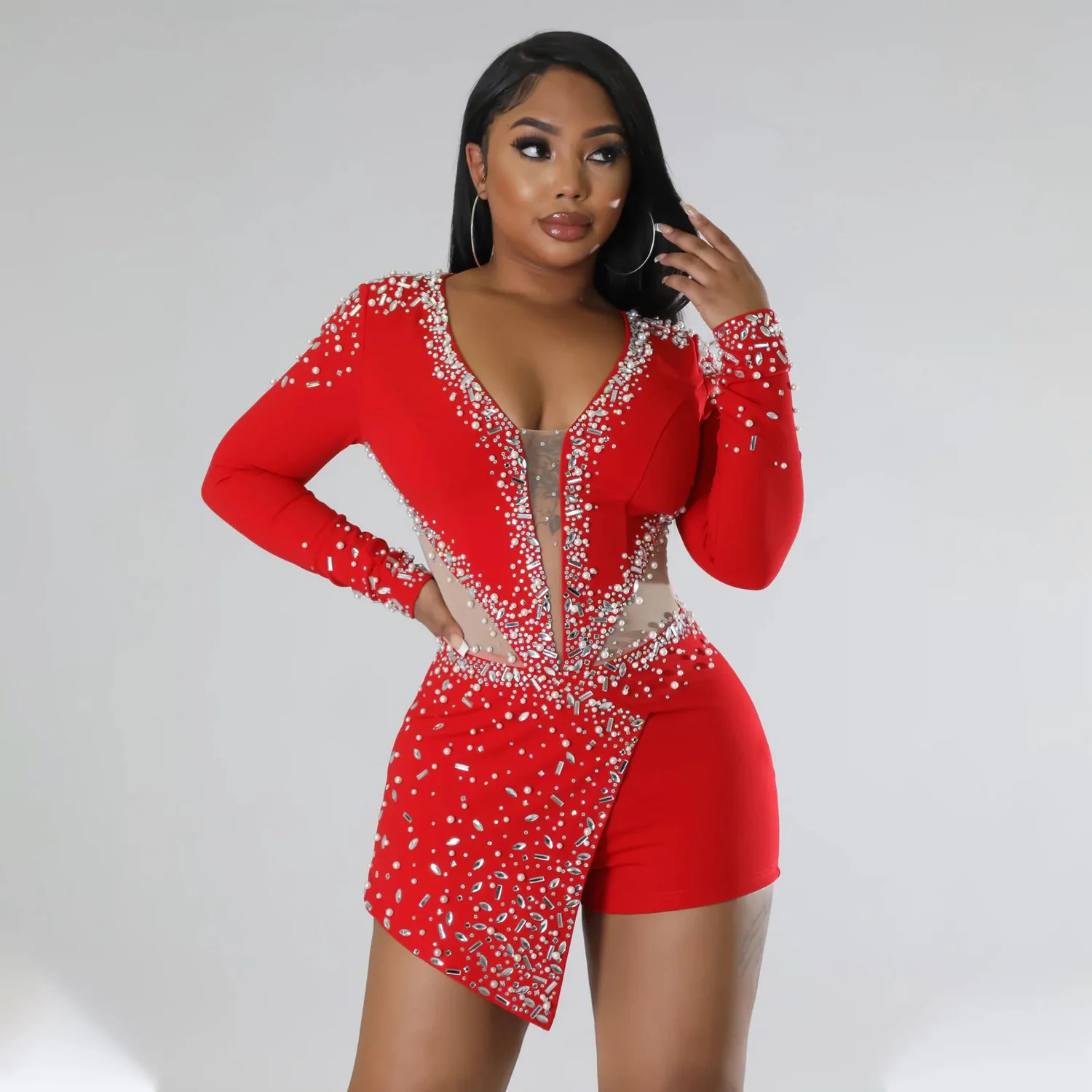 

Women Sexy V-neck Hot Drill Tight Jumpsuit Long Sleeve Mesh Patchwork Solid Irregular Ropmers High Waist Clubwear Short Jumpsuit