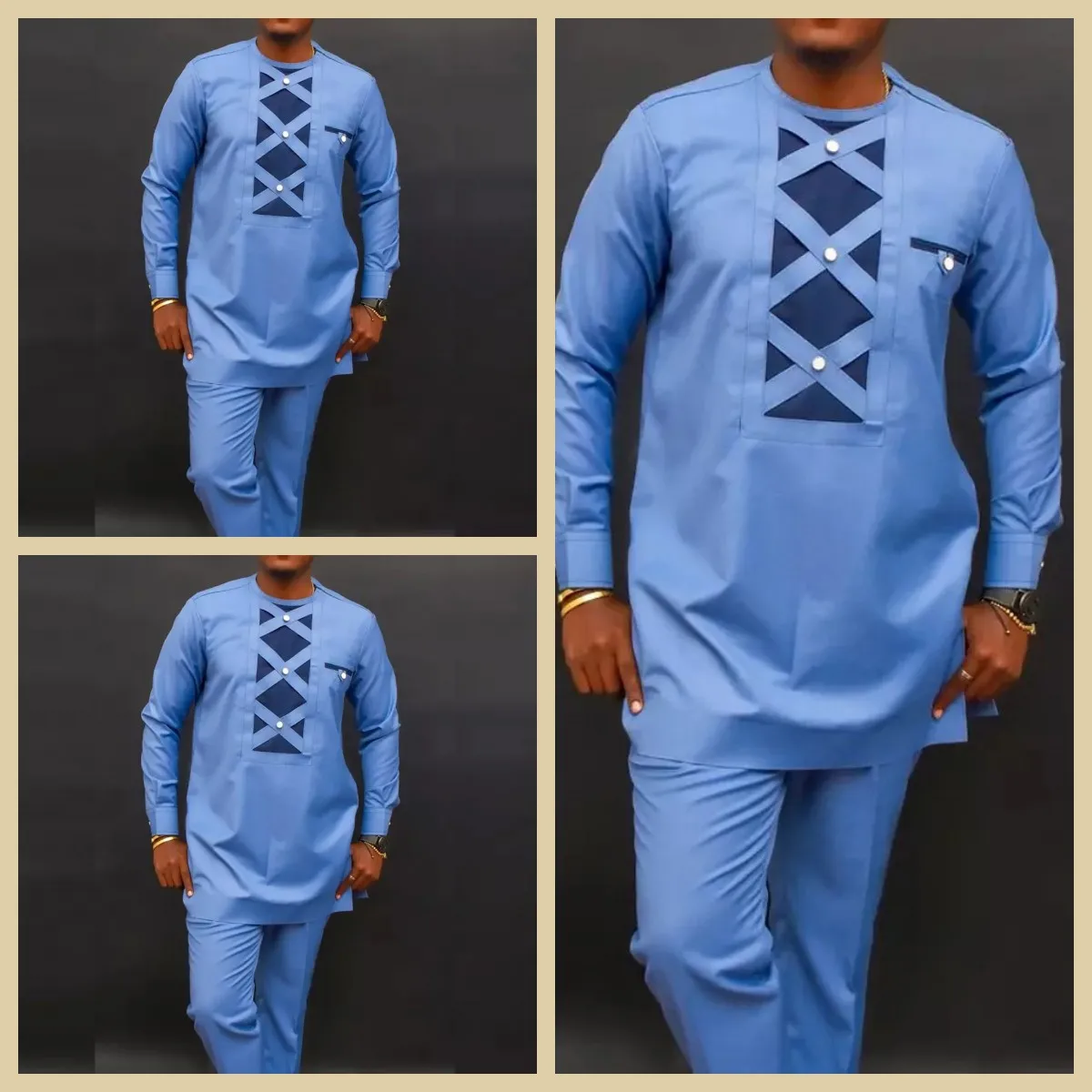 2023 New In Summer New African Men's Suit Long-sleeved Stitching Pocket Shirt and Pants 2-piece Set Designer Men Clothing（M-4XL）