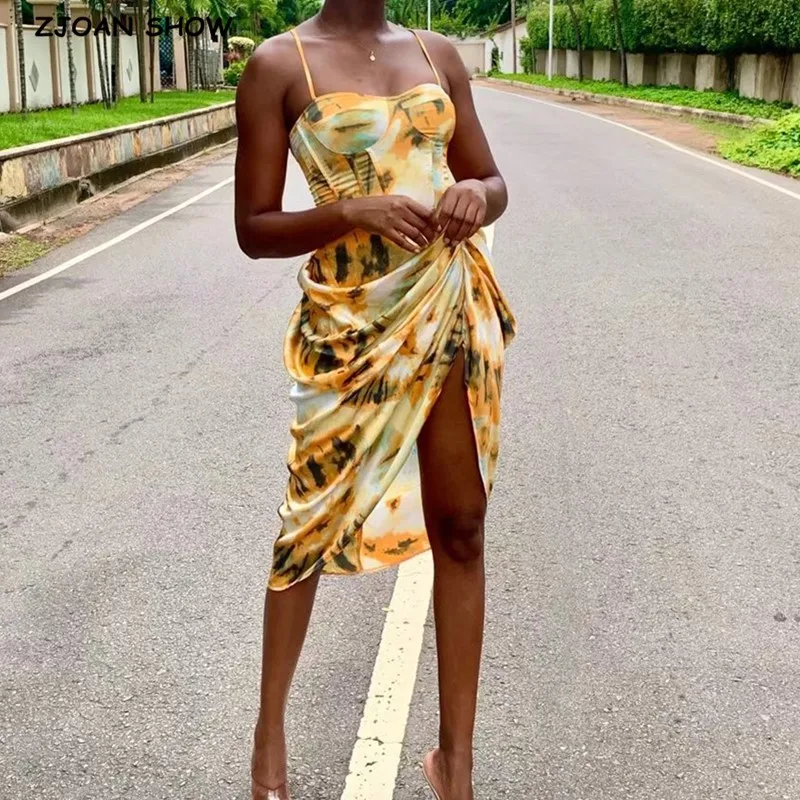 

2020 Women Vintage Yellow Tie dye Flower print Spaghetti Strap Dress Hem Slim Waist Slit Irregular Long Dresses Sling Vestido