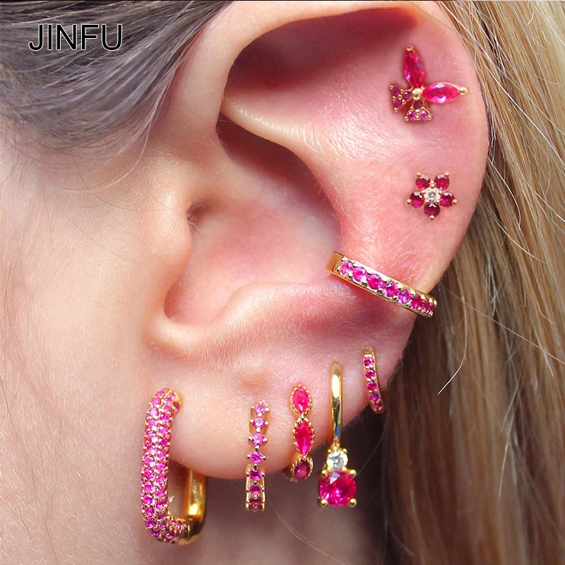 

JINFU Copper Gold Plated Stud Clip Hoop Earrings for Women Fashion Red CZ Zircon Famale Earrings Set 2023 Jewelry Wholesale