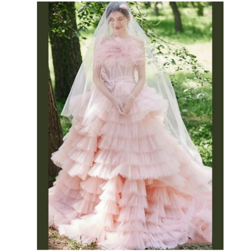 

Sweet Pink Women Wedding Dress Classic Strapless Fashion Simple Vestidos De Novia New Simple Long Robe De Mariee With Train