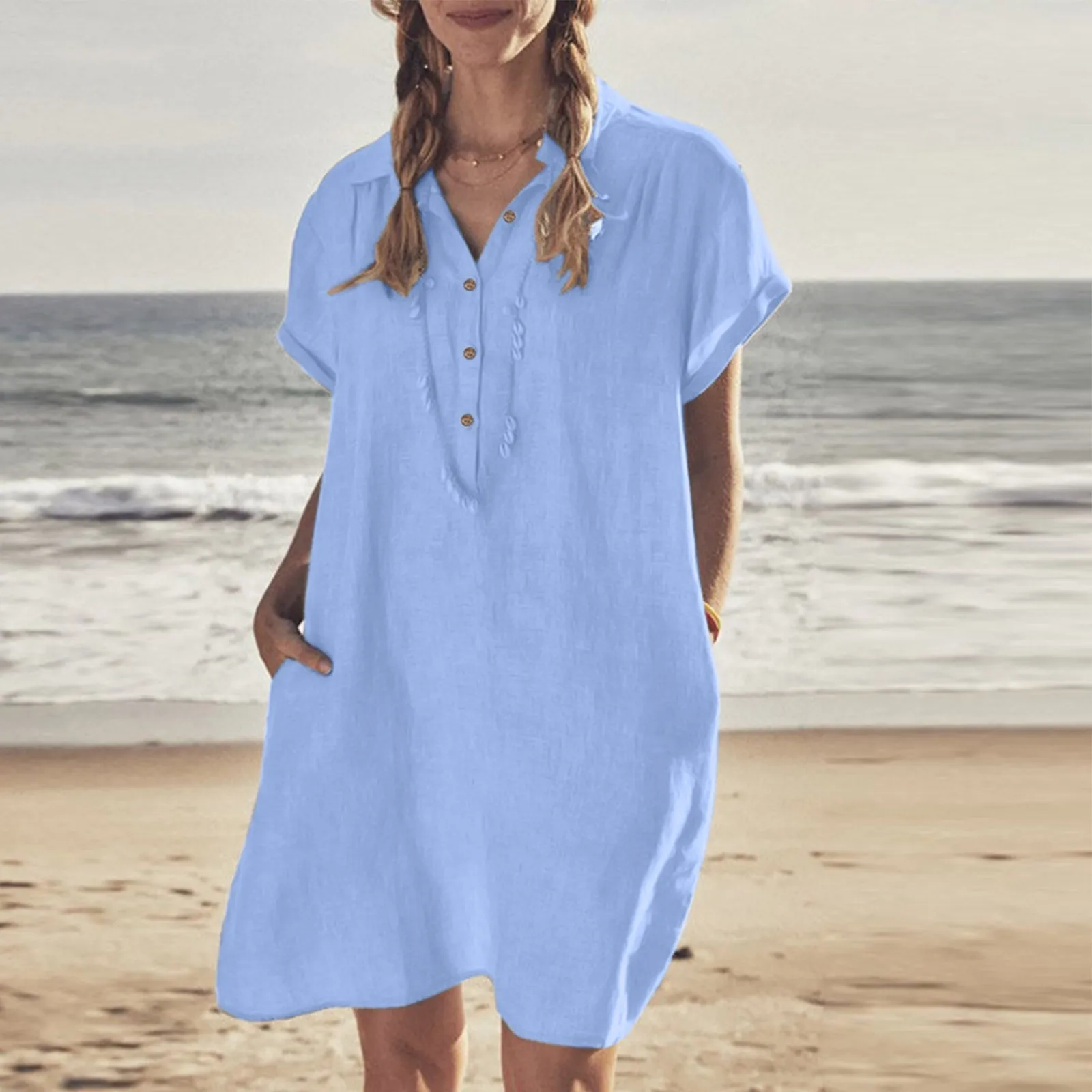 

Ladies V Neck Cotton Linen Shirt Dress Pockets Dress Beach Casual Dress