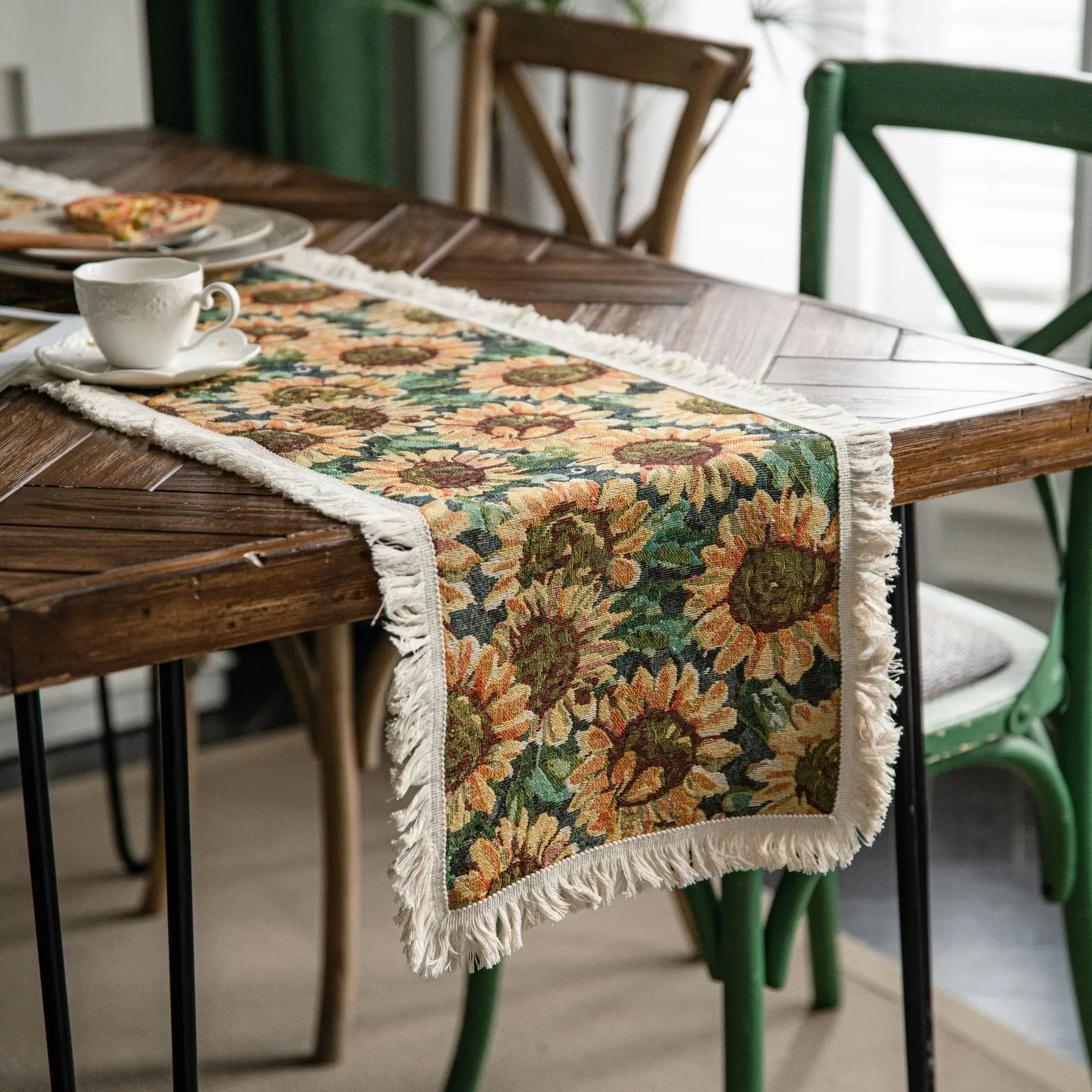 

Sunflower Table Runner Christmas Natural Jute Bohemian Style Tablecloth with Tassels Dining Wedding Home Coffee Table Decor