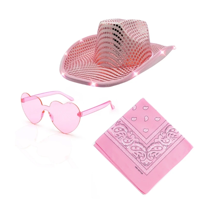 

Сияющая ковбойская шляпа со светодиодный Ной подсветкой для взрослых, ковбойские шляпы для косплея и платок, солнцезащитные очки в форме се...