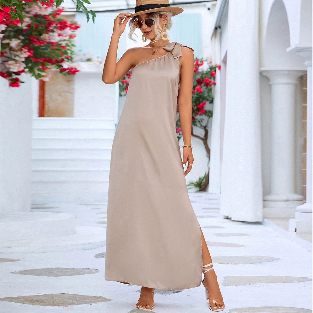 

Женское атласное платье без рукавов, однотонное элегантное платье-трапеция с одним открытым плечом и разрезом сбоку, лето 2023