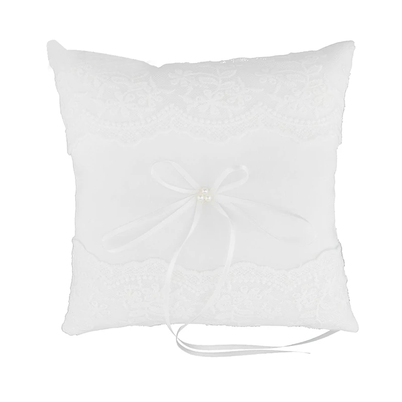 

Delicate Wedding Ceremony Party Pearls Lace Ring Pillow Cushion Bearer for Engagement Marriage Proposal Decor White