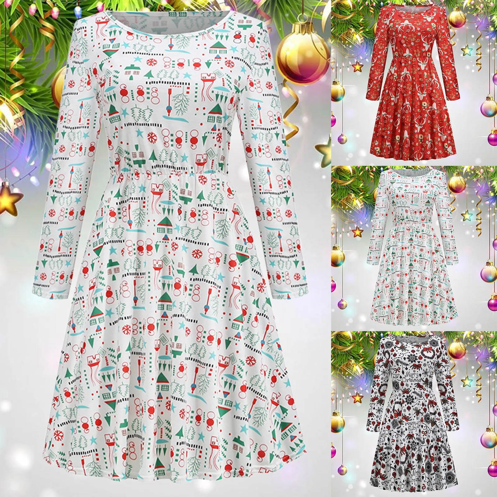

2023 Elegant Dress Women Christmas Tree Print Dress Fashion Casual Long Sleeve Slim Fit Waistband Dress vestido navidad mujer