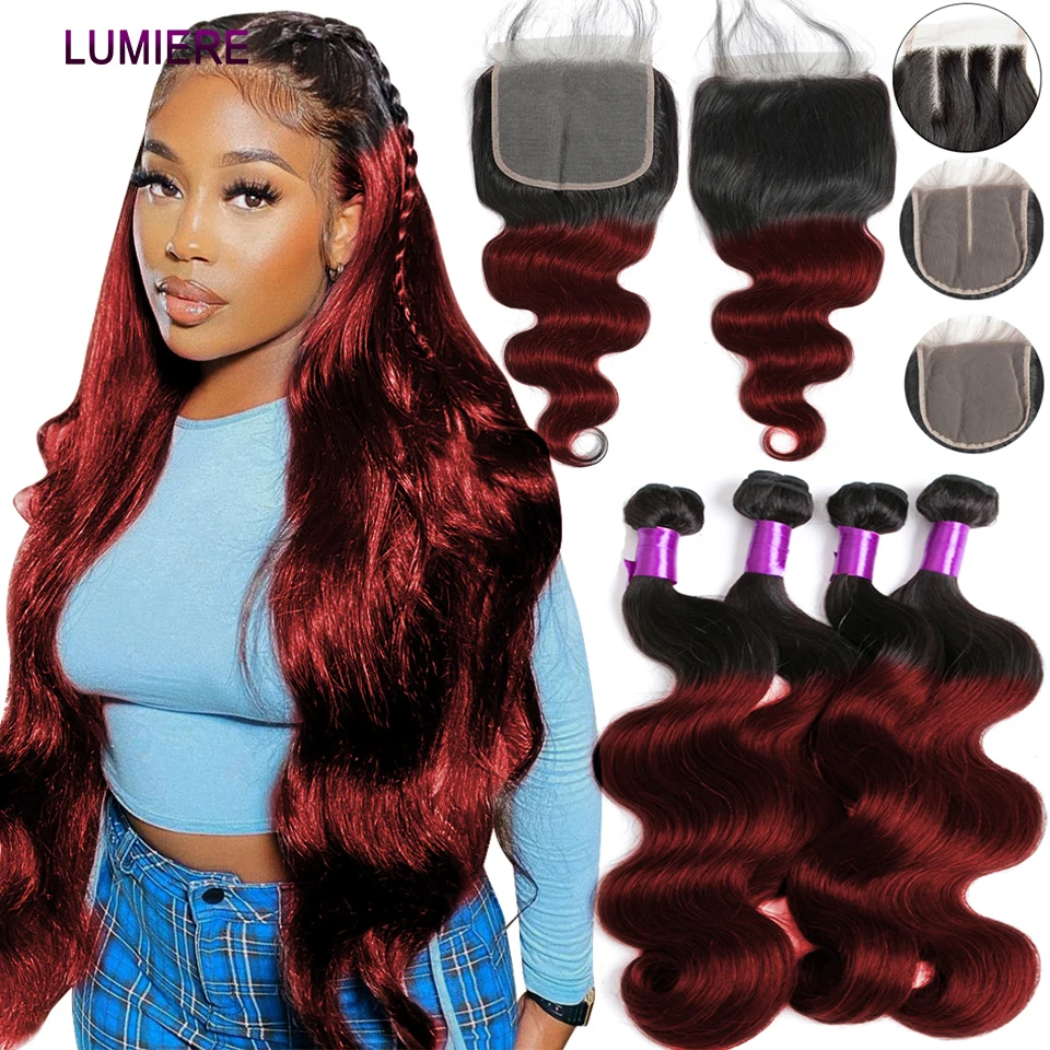 

1b/99J Burgundy Body Wave Human Hair Bundles With Closure 5x5 6x6 HD Peruvian Ombre Colored Lace Frontal Closure With Bundle