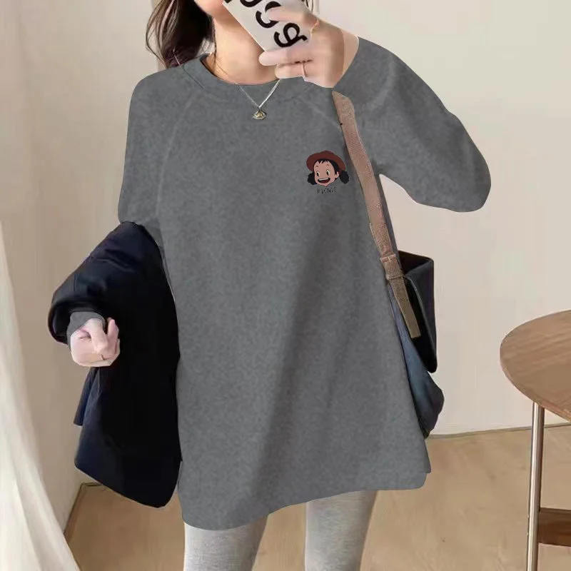  New Autumn and Winter Loose Plus size Gray Cotton Long sleeves Shirt Women Mid-Length Long Sleeve Top