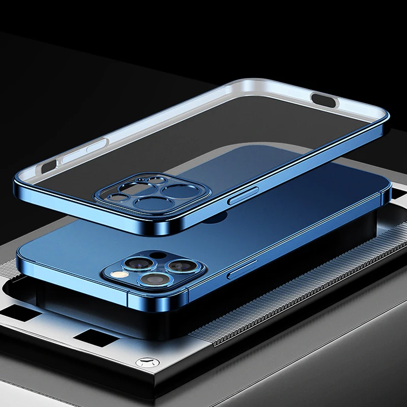 Luxury Square Plating Frame Transparent Case For iPhone 14 Plus 13 11 12 Pro Max Mini X XR XS SE 7 8 Silicone Shockpoof Cover