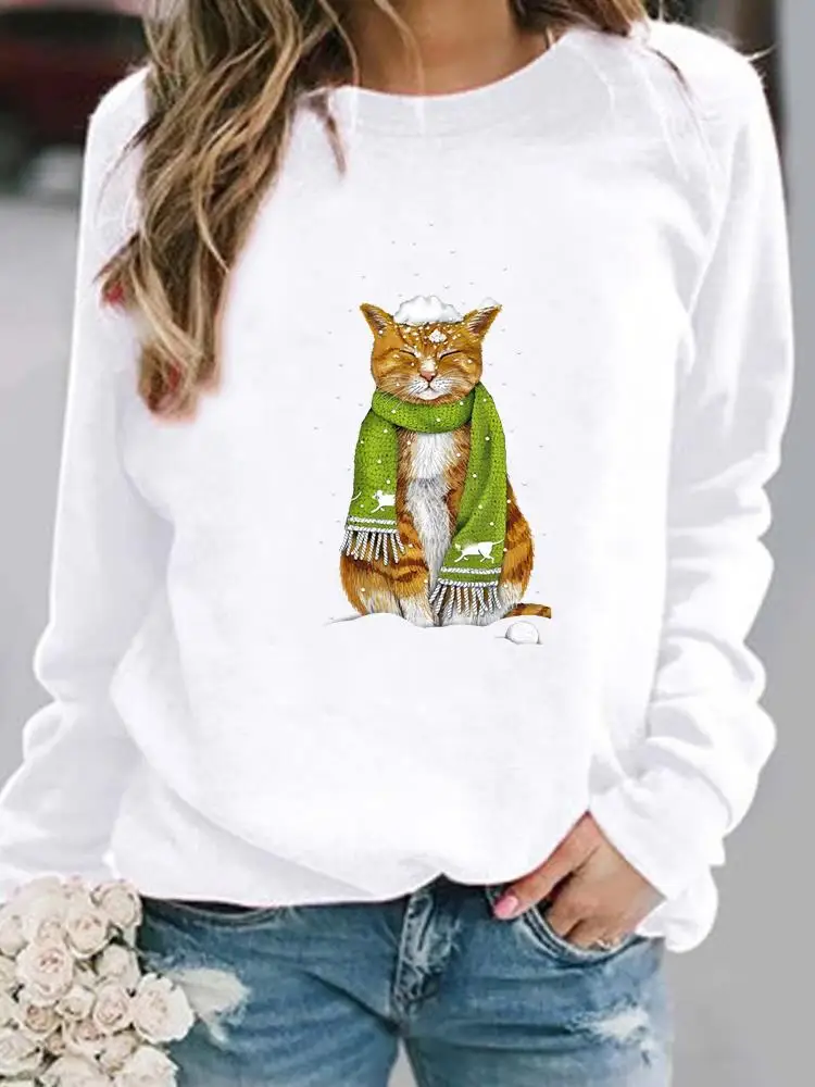 

Cat Watercolor Snow Trend Women Casual Festival Pullovers Merry Christmas Female Spring Hoodies Print Woman Graphic Sweatshirts