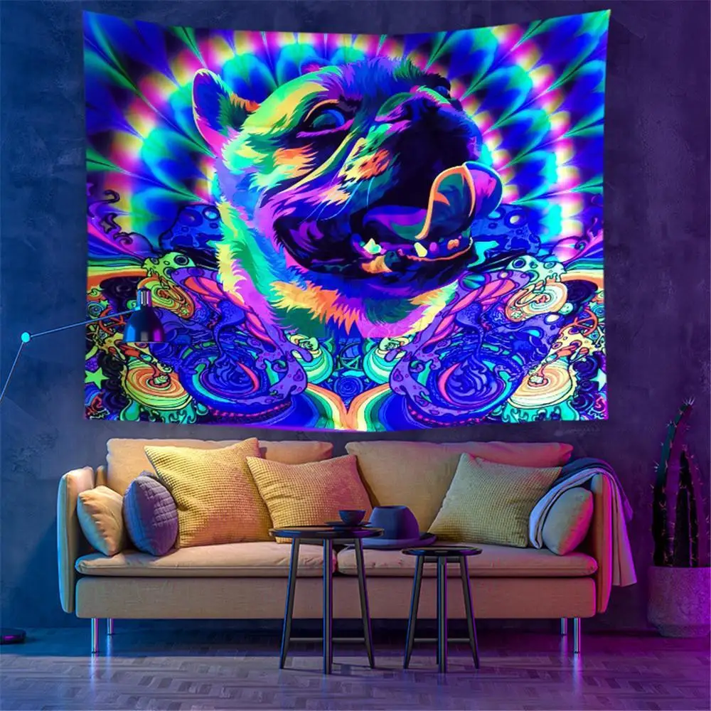 

Ultraviolet Fluorescent Tapestry Psychedelic Mushroom Night Owl Hanging Art Aesthetics Home Decor Glowing Background Tapestries