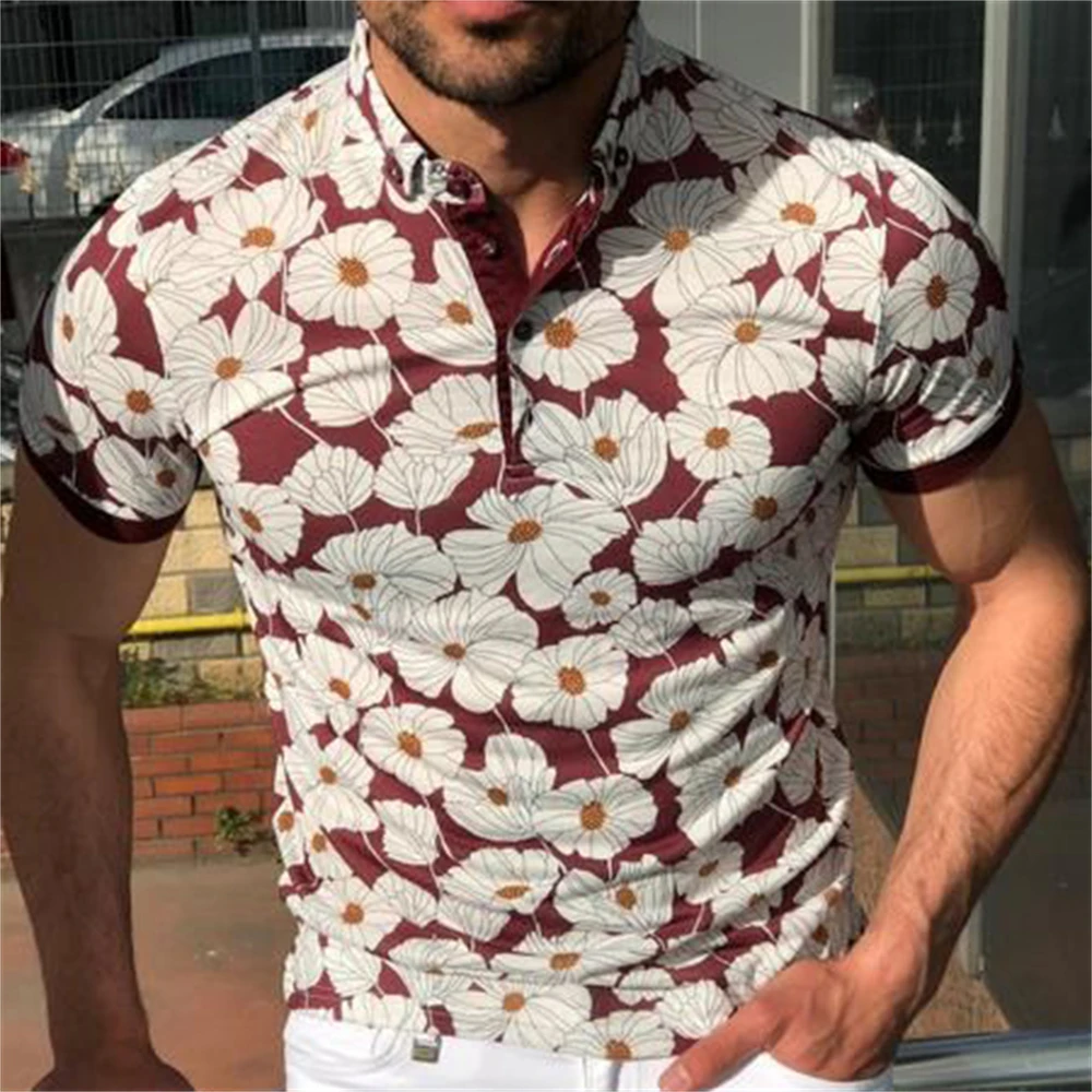 

Summer T-shirts Men Fashion Floral Print Slim Fit All-match Basic Short Sleeves Turn-down Collar Pullover Male Tops