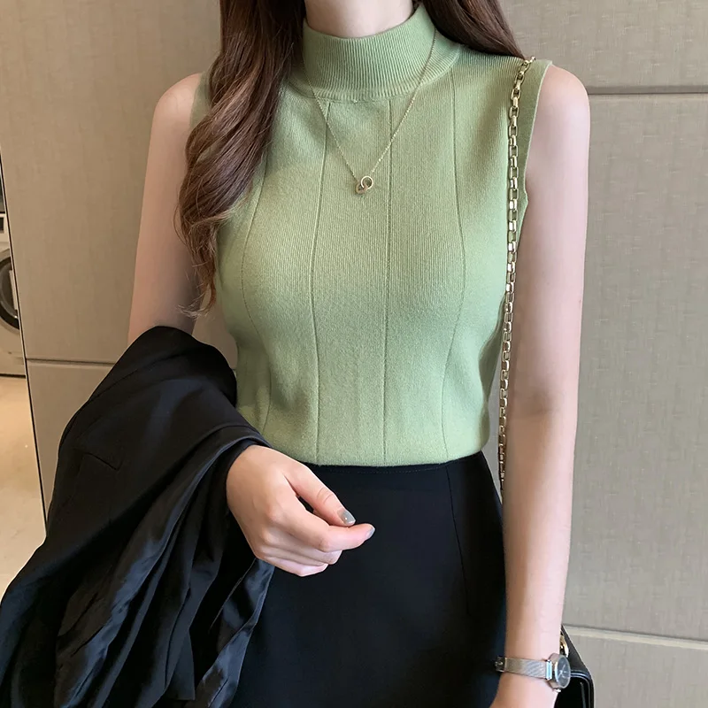 

Women Korean New 2021 Sleeveless Summer Turtleneck Tshirt Knit Elastic Casual Clothes Solid Ladies Fashion Tops T-shirt Indie