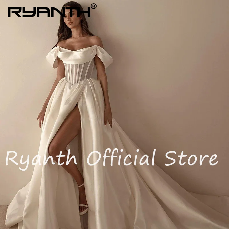 Фото Ryanth белые свадебные платья а-силуэта Бохо с открытыми плечами с Боковым Разрезом Свадебные платья женские белые вечерние свадебные платья №3