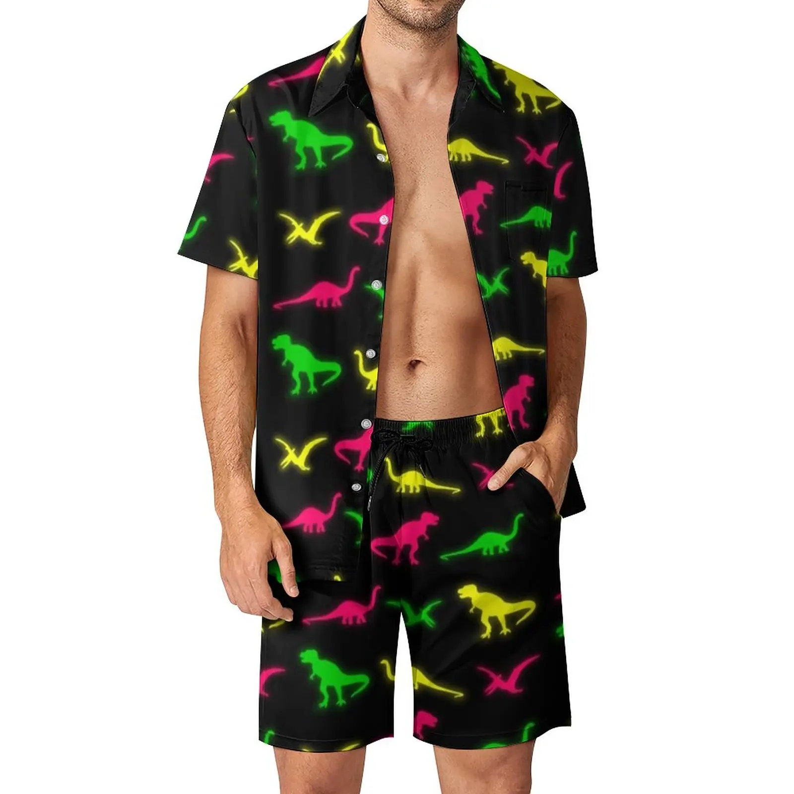 

Neon Dinosaurs Men Sets Pterodactyl Dinos Fashion Casual Shirt Set Short-Sleeved Graphic Shorts Summer Beachwear Suit Plus Size