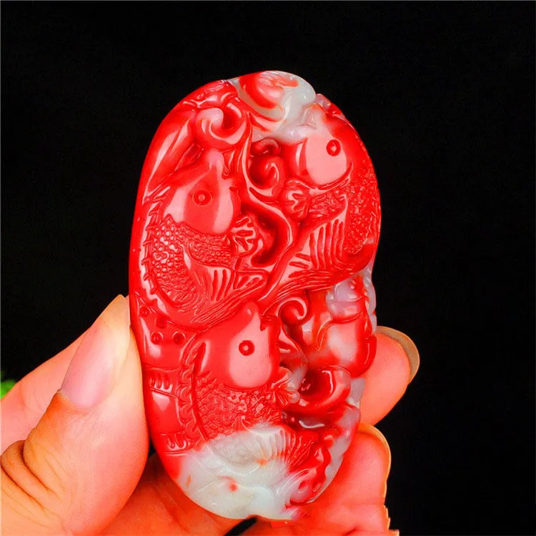 

Natural Xinjiang Hotan Jade Chicken Blood Jade Carp Handle Men's Style, More Than One Hand Every Year To Play A Waist Pendant