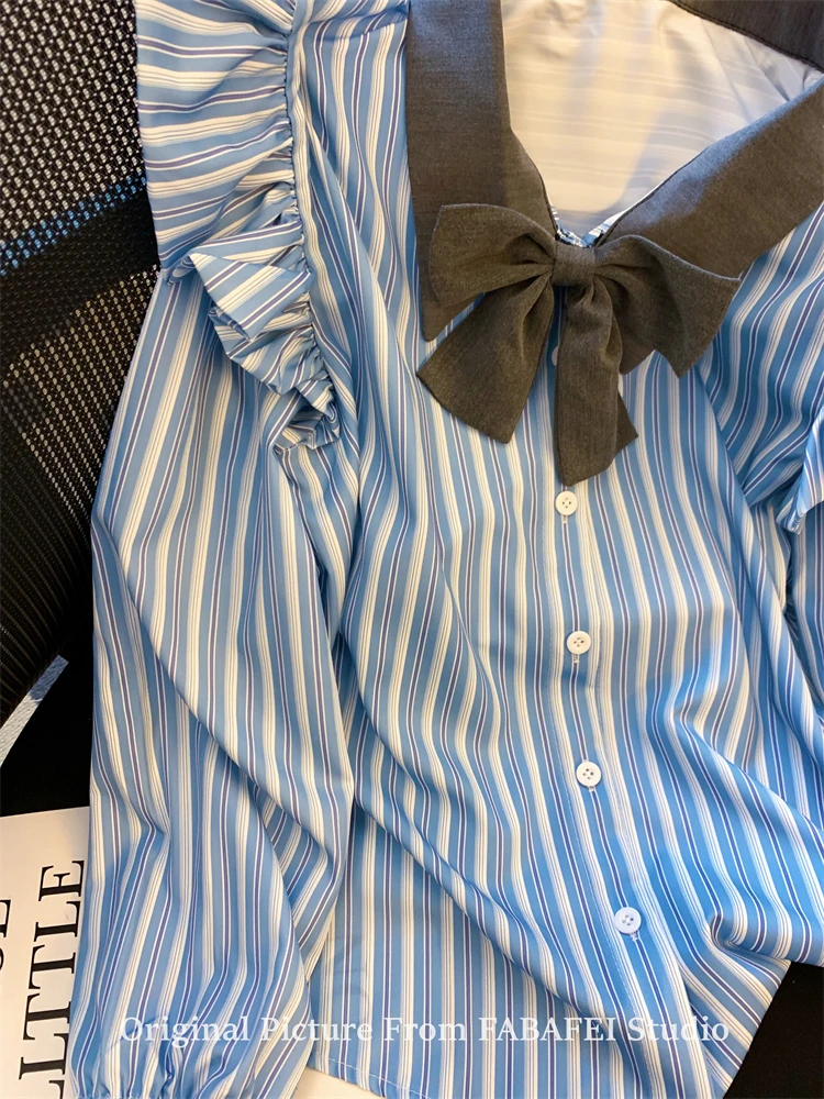 Осенние женские корейские модные милые полосатые рубашки блузки с длинными