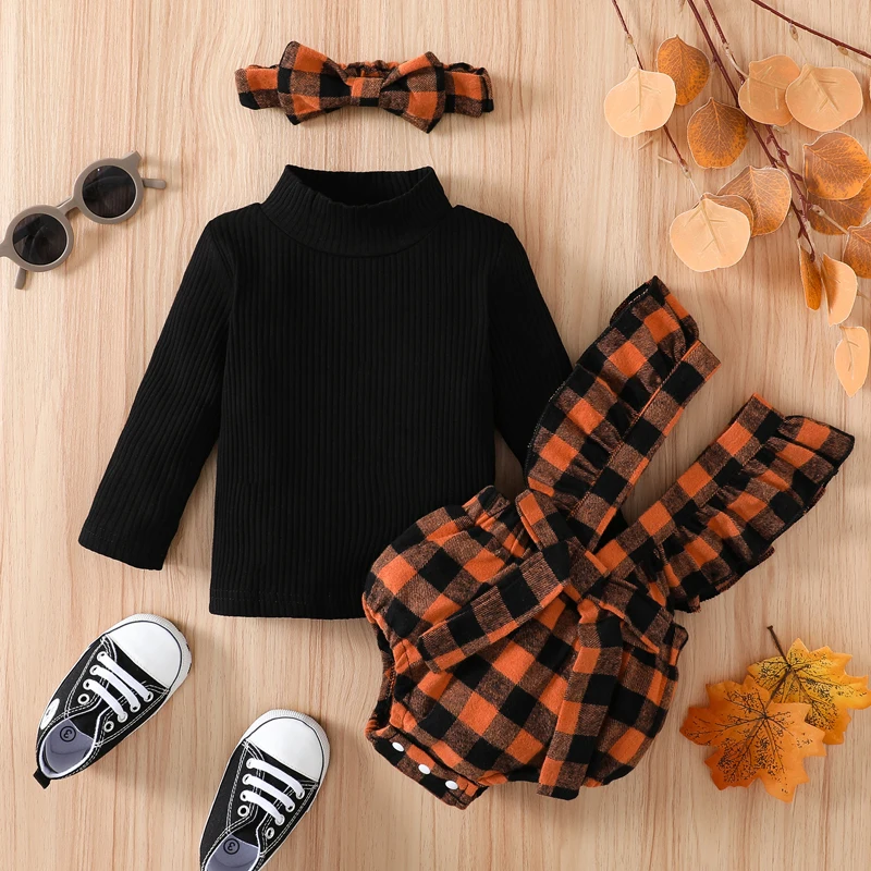

Halloween Baby Girl High Neck Long Sleeve Pit Strip Turtleneck Top + Plaid Lace Stitching Bow Knot Sling Jumpsuit + Headwear Set