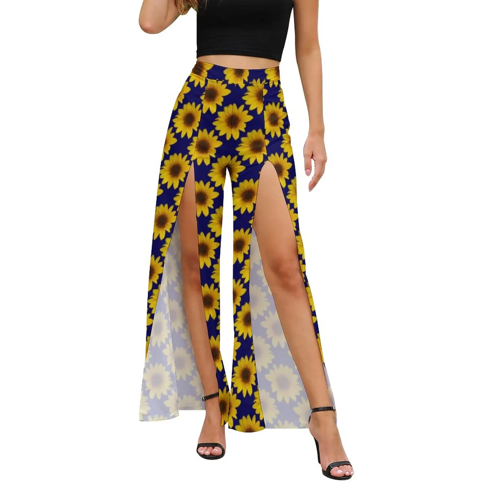 

Cheerful Sunflower Splash Pants Spring High Waist Bright Flowers Print Trendy Wide Pants Women Slit Korean Style Print Trousers