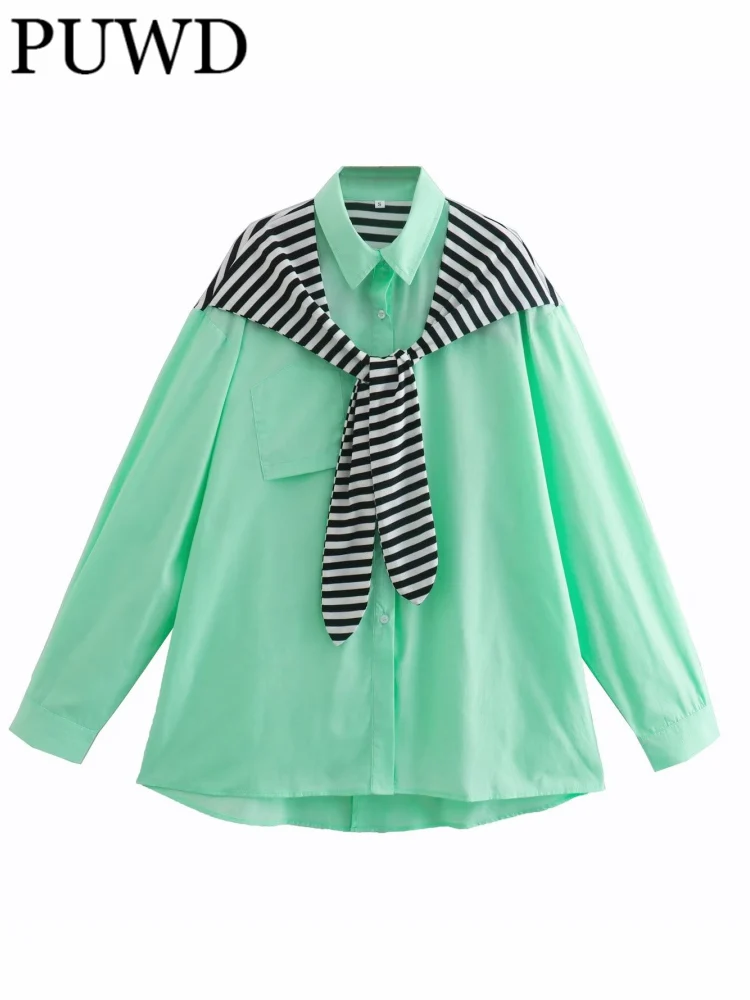 

PUWD Women Green Polo Neck Navy Striped Shawl Shirt 2022 Summer Fashion Girls Casual Female Polyester Long Sleeves Shirts