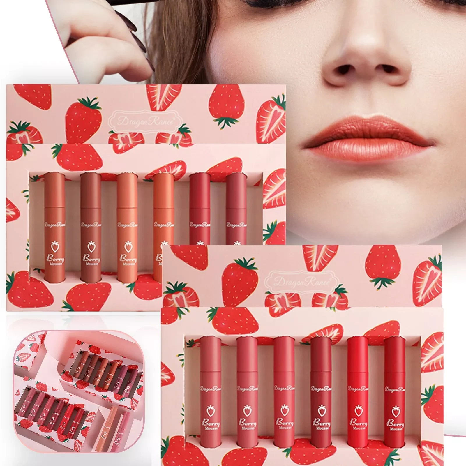 

NEW Strawberry set lip gloss non-stick cup does not fade easily, waterproof lip glaze lipstick set box Modifies skin tone, easy