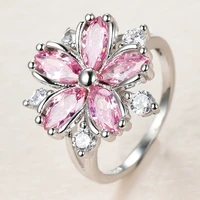 cute female pink crystal stone ring charm upscale thin wedding rings for women dainty bride flower zircon engagement ring